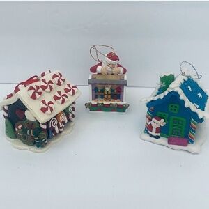 Christmas Holiday Ornaments Set Of 3 Gingerbread House Santa Puppet Santas House